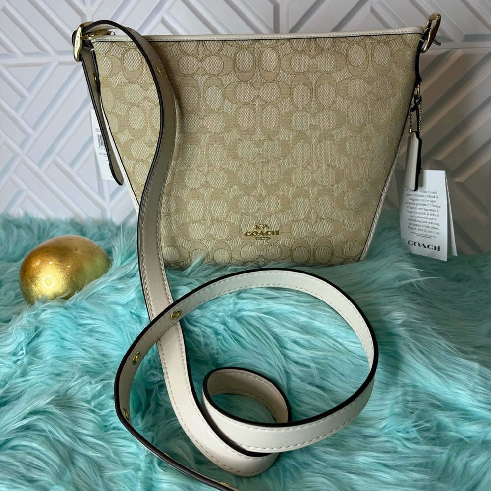 COACH small dufflette Logo Print crossbody strap Beige chalk light gold bag. NWT